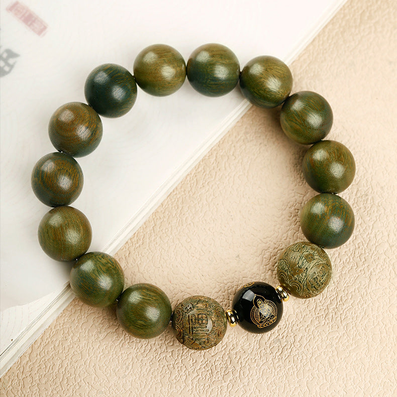 Natural Green Sandalwood Zodiac & Buddha Carved Bracelet | New Chinese Style Aromatic Wooden Bead Unisex Worry Jewelry