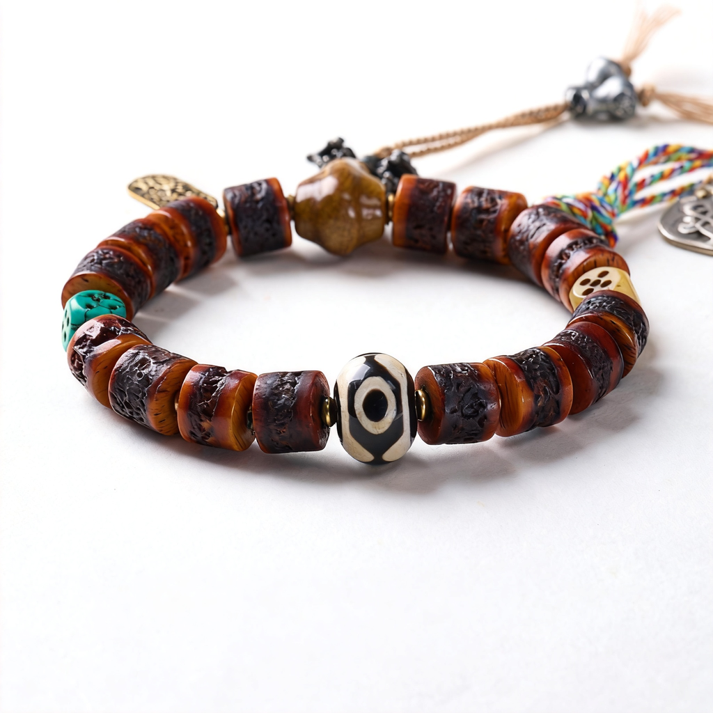 Vintage Tibetan Multi-Gem Ox Bone Dzi Bracelet | Antique Dzi Agate & Vajra Pendant Adjustable Tassel Unisex Ethnic Bead Jewelry