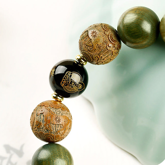 Natural Green Sandalwood Zodiac & Buddha Carved Bracelet | New Chinese Style Aromatic Wooden Bead Unisex Worry Jewelry