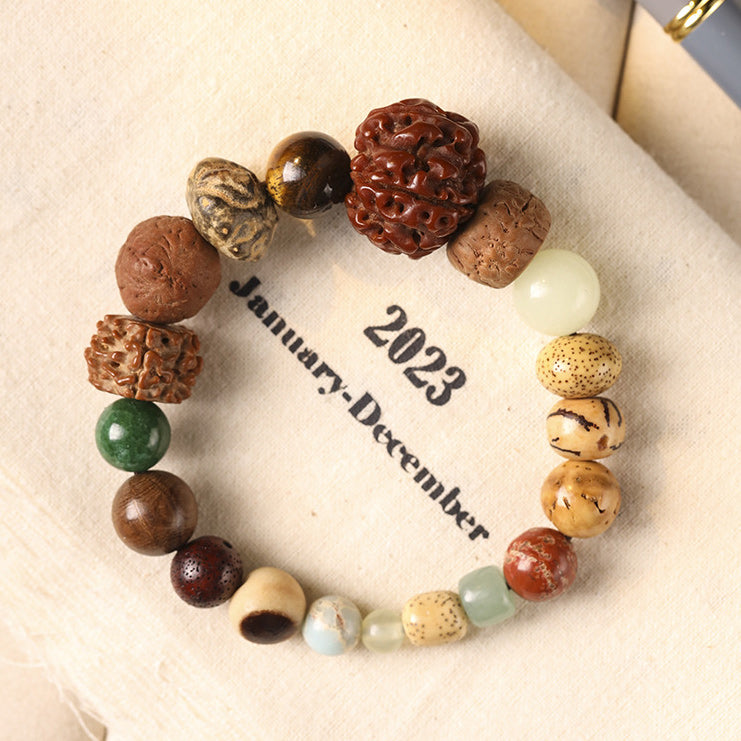Traditional Chinese 18 Kinds Mixed Bodhi Seed Bracelet | Vintage Zen Multi-bead Unisex Worry Bead Wrist Jewelry