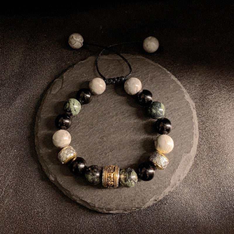 New Chinese Style Natural Stone Adjustable Bracelet | Unisex Vintage Hip Hop Beaded Wristband 10mm Kestrel Stone Jewelry