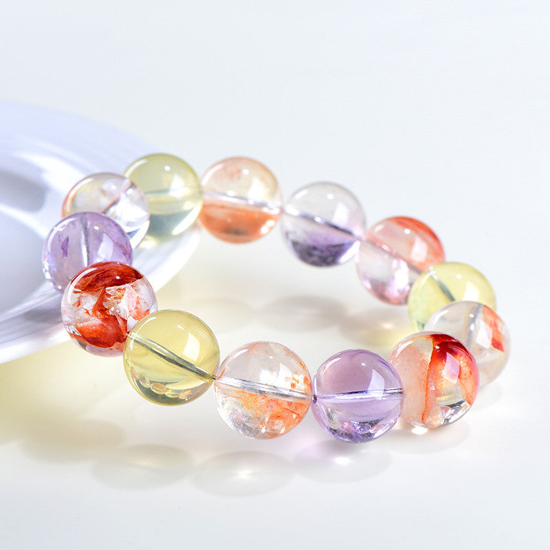 Natural Multi-Color Koi Phantom Quartz Single Strand Bracelet | 7~7.8mm Unique Inclusion Healing Crystal Bracelet for Men Women