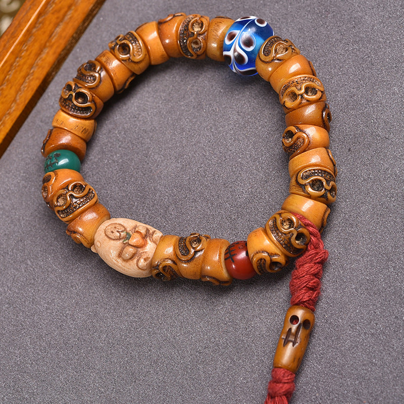Tibetan Vintage Hand Carved Yak Bone Barrel Bead Bracelet | Multi-Style Natural Stone Unisex Ethnic Worry Bead Jewelry