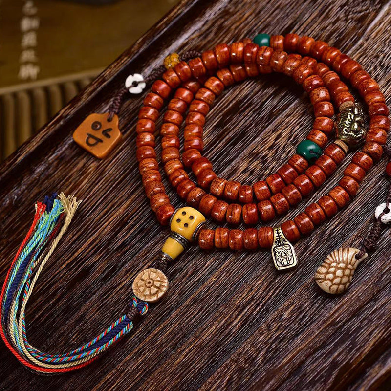 Vintage Oriental Multi-Charm Camel Bone 108 Mala Bead Bracelet | Antique Multi-Layer Tassel Unisex Ethnic Worry Necklace