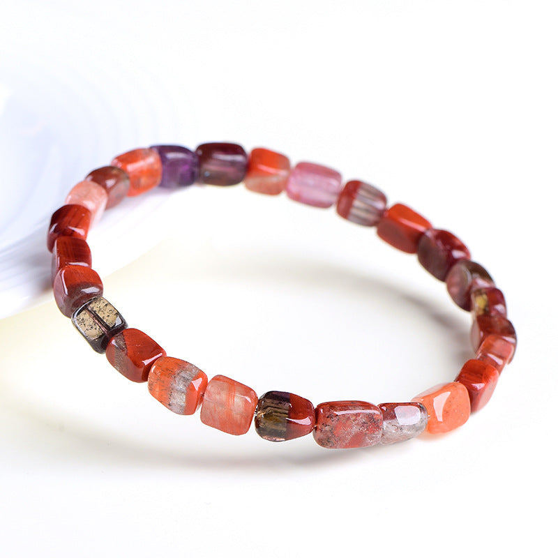 4A & 5A Grade Red Aurora Cube Natural Crystal Bracelet | 4mm Multi-Inclusion Rutilated Quartz Single Strand Women Stackable Bracelet