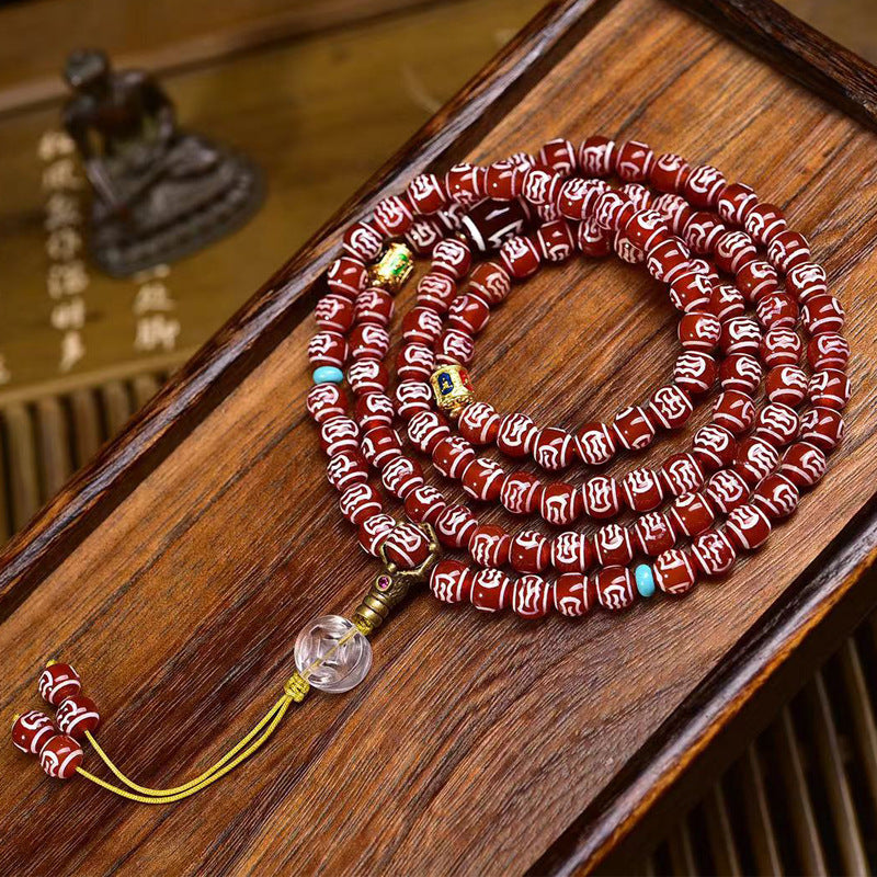 Vintage Oriental Carved Red Agate 108 Mala Bead Bracelet | 8mm Barrel Crystal Pendant Unisex Ethnic Layering Necklace