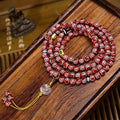 Vintage Oriental Carved Red Agate 108 Mala Bead Bracelet | 8mm Barrel Crystal Pendant Unisex Ethnic Layering Necklace
