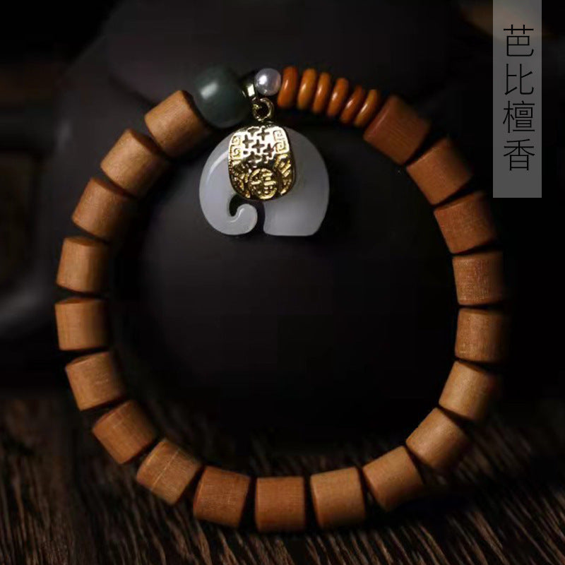 New Chinese Style Barrel Bead Barbie Sandalwood Bracelet | Natural Wood Elephant Charm Vintage Unisex Wrist Jewelry