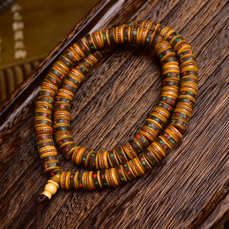 Vintage Oriental Inlaid Gem Yak Bone 108 Mala Disc Beads Bracelet | Antique Multi-Layer Prayer Bead Unisex Ethnic Meditation Necklace