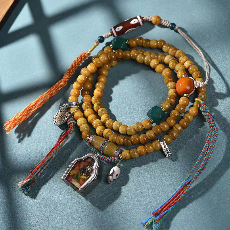 Vintage Oriental Aged Camel Bone 108 Mala Bead Necklace | Multi-Gem Gau Box Pendant Tassel Unisex Ethnic Bracelet