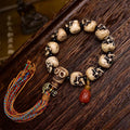 Vintage Hand Carved Camel Bone Skull Bead Bracelet | Ethnic Retro Tassel Unisex Worry Bead Jewelry