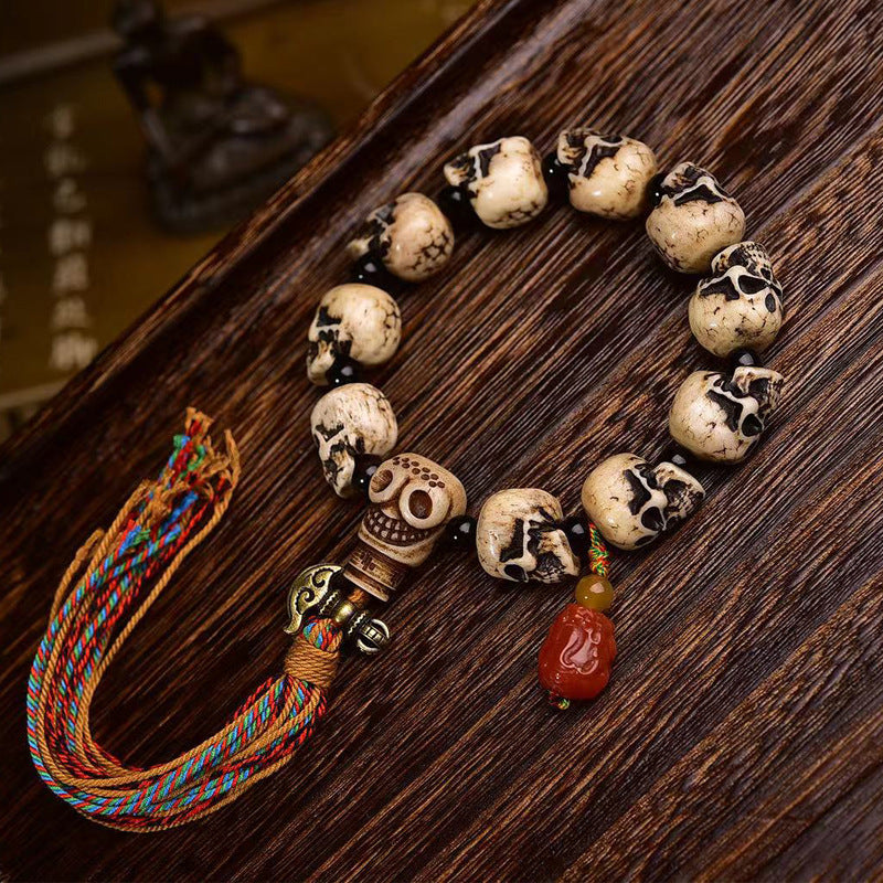Vintage Hand Carved Camel Bone Skull Bead Bracelet | Ethnic Retro Tassel Unisex Worry Bead Jewelry