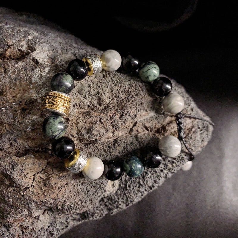 New Chinese Style Natural Stone Adjustable Bracelet | Unisex Vintage Hip Hop Beaded Wristband 10mm Kestrel Stone Jewelry