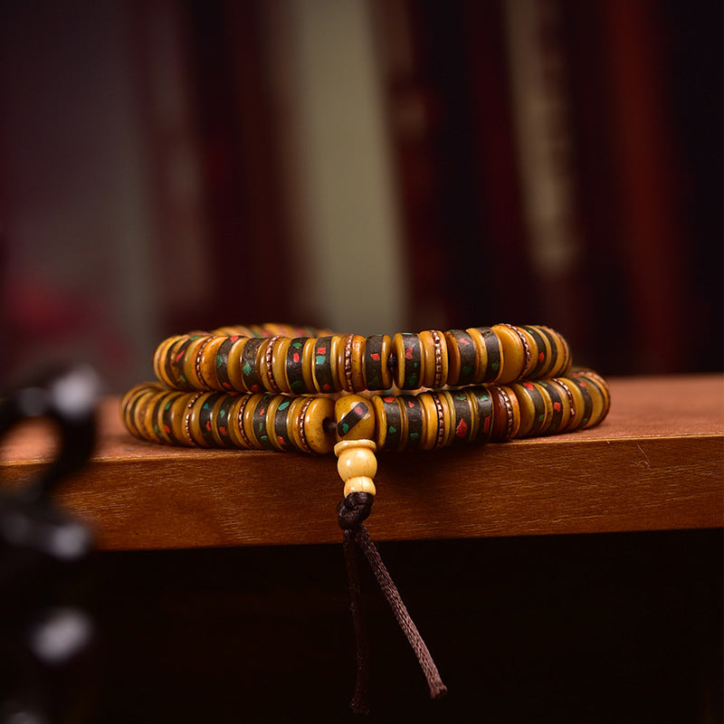 Vintage Oriental Inlaid Gem Yak Bone 108 Mala Disc Beads Bracelet | Antique Multi-Layer Prayer Bead Unisex Ethnic Meditation Necklace