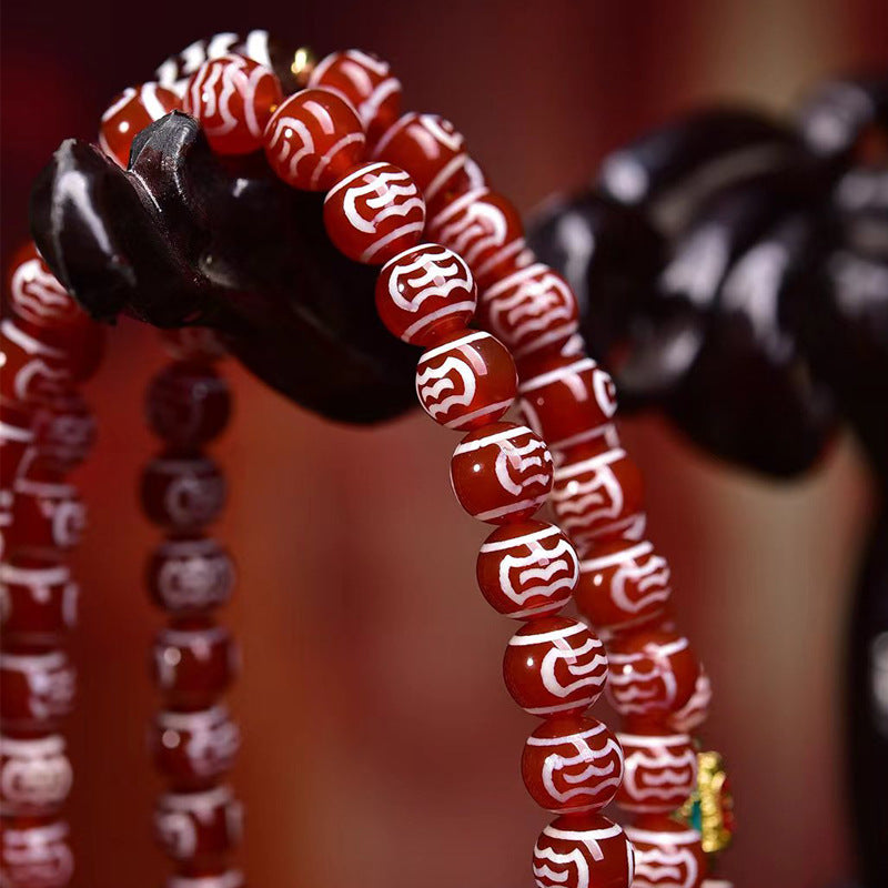 Vintage Oriental Carved Red Agate 108 Mala Bead Bracelet | 8mm Barrel Crystal Pendant Unisex Ethnic Layering Necklace
