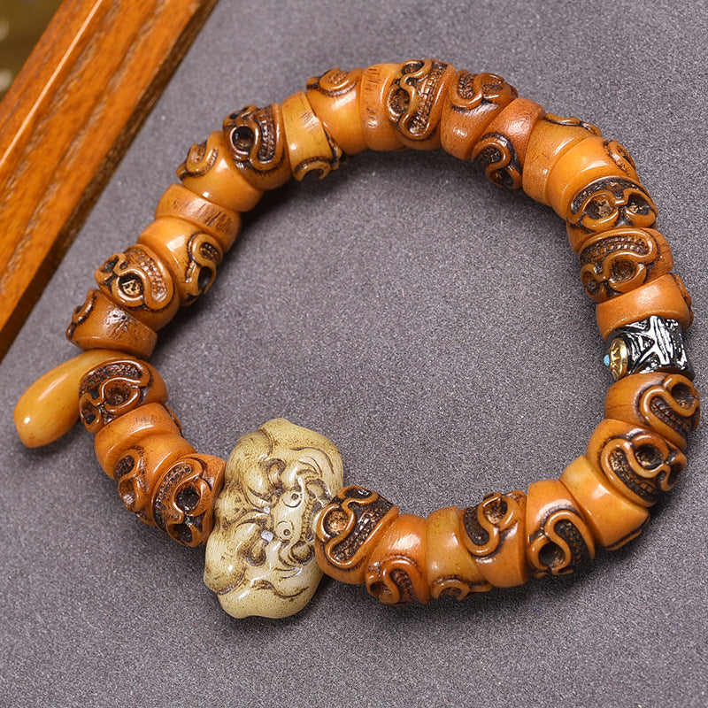 Tibetan Vintage Hand Carved Yak Bone Barrel Bead Bracelet | Multi-Style Natural Stone Unisex Ethnic Worry Bead Jewelry