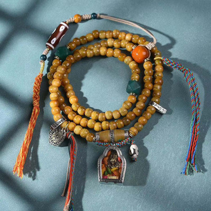 Vintage Oriental Aged Camel Bone 108 Mala Bead Necklace | Multi-Gem Gau Box Pendant Tassel Unisex Ethnic Bracelet