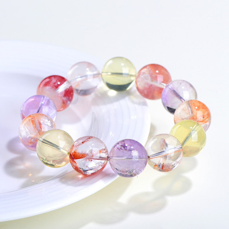 Natural Multi-Color Koi Phantom Quartz Single Strand Bracelet | 7~7.8mm Unique Inclusion Healing Crystal Bracelet for Men Women