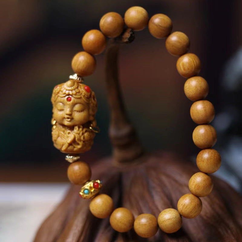 New Chinese Style Hand Carved Guanyin Sandalwood Bracelet | Natural Barbie Sandalwood Vintage Unisex Wooden Worry Bead Jewelry