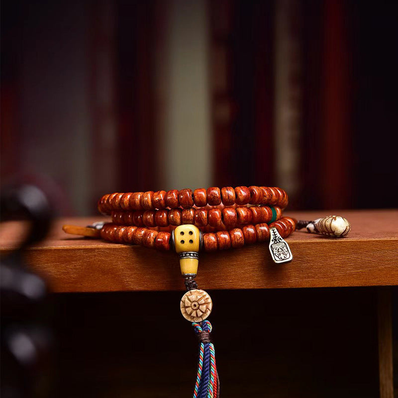 Vintage Oriental Multi-Charm Camel Bone 108 Mala Bead Bracelet | Antique Multi-Layer Tassel Unisex Ethnic Worry Necklace
