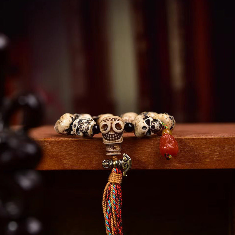 Vintage Hand Carved Camel Bone Skull Bead Bracelet | Ethnic Retro Tassel Unisex Worry Bead Jewelry