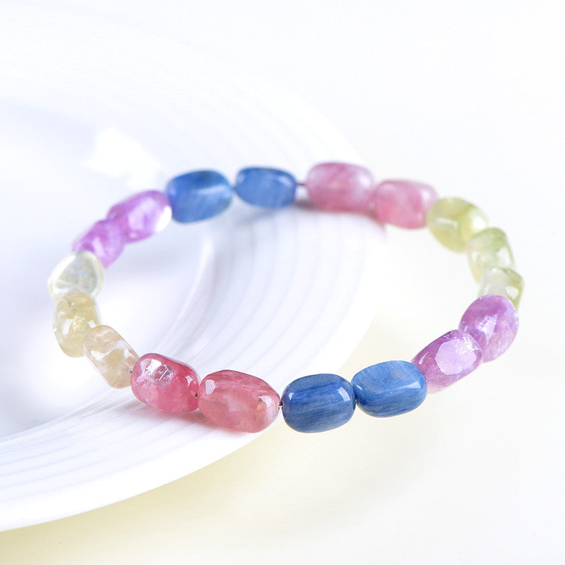 Natural Rainbow Morganite Irregular Single Strand Bracelet | 6×9mm Sweet Macaron Color Healing Crystal Stackable Bracelet for Women