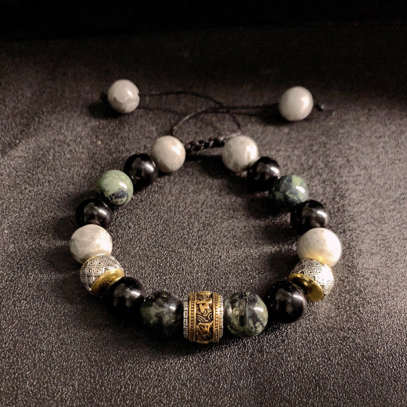 New Chinese Style Natural Stone Adjustable Bracelet | Unisex Vintage Hip Hop Beaded Wristband 10mm Kestrel Stone Jewelry