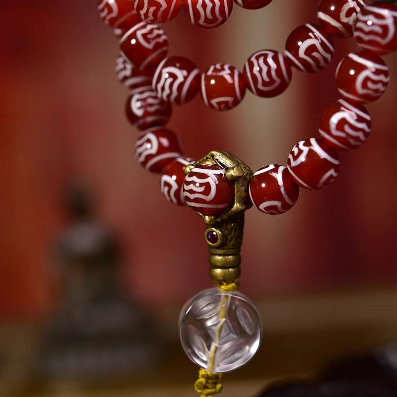 Vintage Oriental Carved Red Agate 108 Mala Bead Bracelet | 8mm Barrel Crystal Pendant Unisex Ethnic Layering Necklace