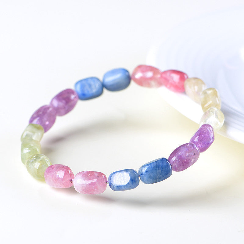 Natural Rainbow Morganite Irregular Single Strand Bracelet | 6×9mm Sweet Macaron Color Healing Crystal Stackable Bracelet for Women