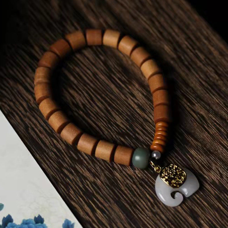 New Chinese Style Barrel Bead Barbie Sandalwood Bracelet | Natural Wood Elephant Charm Vintage Unisex Wrist Jewelry