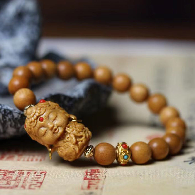 New Chinese Style Hand Carved Guanyin Sandalwood Bracelet | Natural Barbie Sandalwood Vintage Unisex Wooden Worry Bead Jewelry