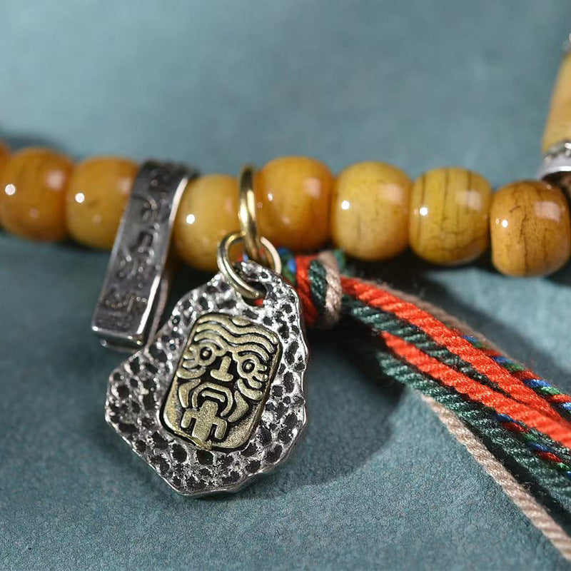 Vintage Oriental Aged Camel Bone 108 Mala Bead Necklace | Multi-Gem Gau Box Pendant Tassel Unisex Ethnic Bracelet