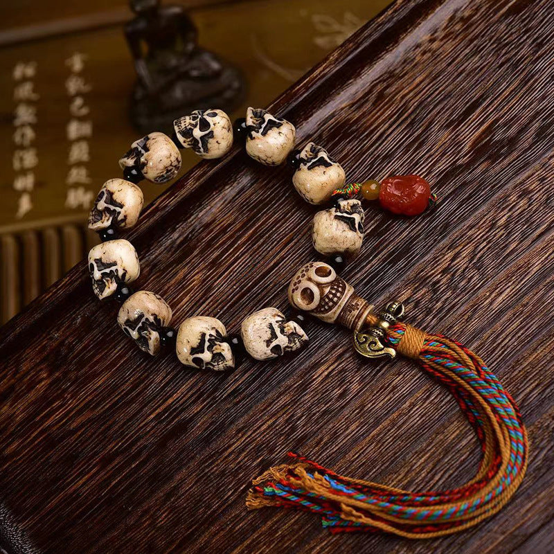 Vintage Hand Carved Camel Bone Skull Bead Bracelet | Ethnic Retro Tassel Unisex Worry Bead Jewelry