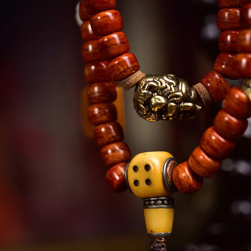 Vintage Oriental Multi-Charm Camel Bone 108 Mala Bead Bracelet | Antique Multi-Layer Tassel Unisex Ethnic Worry Necklace