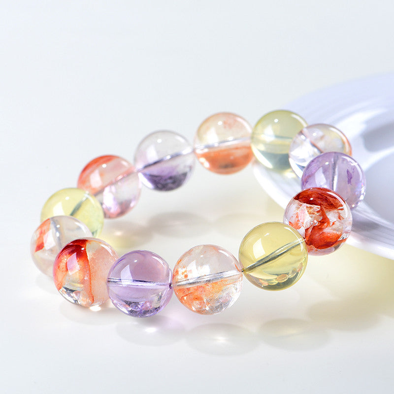 Natural Multi-Color Koi Phantom Quartz Single Strand Bracelet | 7~7.8mm Unique Inclusion Healing Crystal Bracelet for Men Women