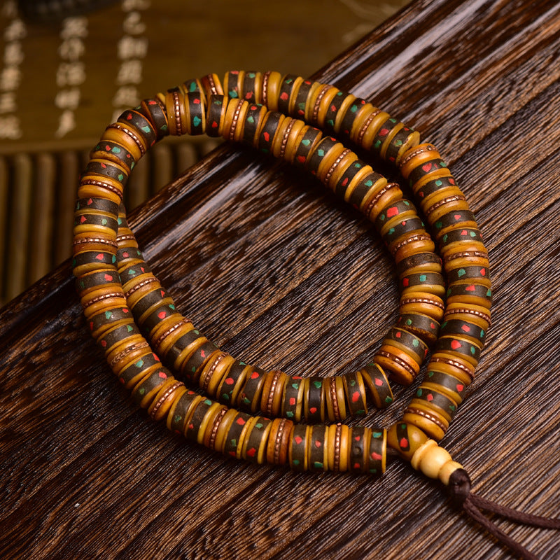 Vintage Oriental Inlaid Gem Yak Bone 108 Mala Disc Beads Bracelet | Antique Multi-Layer Prayer Bead Unisex Ethnic Meditation Necklace