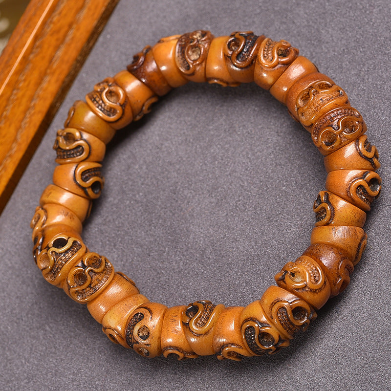 Tibetan Vintage Hand Carved Yak Bone Barrel Bead Bracelet | Multi-Style Natural Stone Unisex Ethnic Worry Bead Jewelry