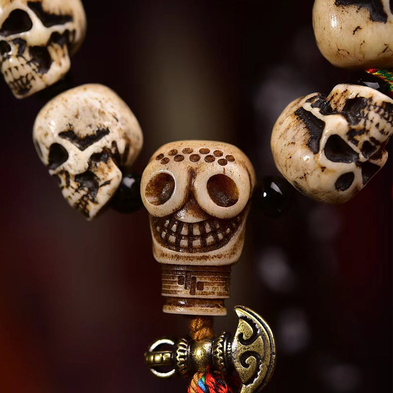 Vintage Hand Carved Camel Bone Skull Bead Bracelet | Ethnic Retro Tassel Unisex Worry Bead Jewelry