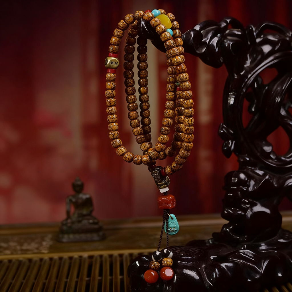 Vintage Aged Star Moon Bodhi 108 Mala Bead Bracelet | Multi-Gem Tassel Unisex Oriental Layering Necklace
