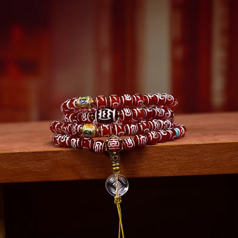Vintage Oriental Carved Red Agate 108 Mala Bead Bracelet | 8mm Barrel Crystal Pendant Unisex Ethnic Layering Necklace