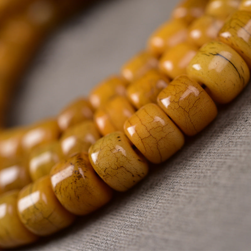 Vintage Aged Natural Yak Bone 108 Mala Beads Bracelet | Antique Cracked Barrel Prayer Bead Unisex Tibetan Meditation Necklace