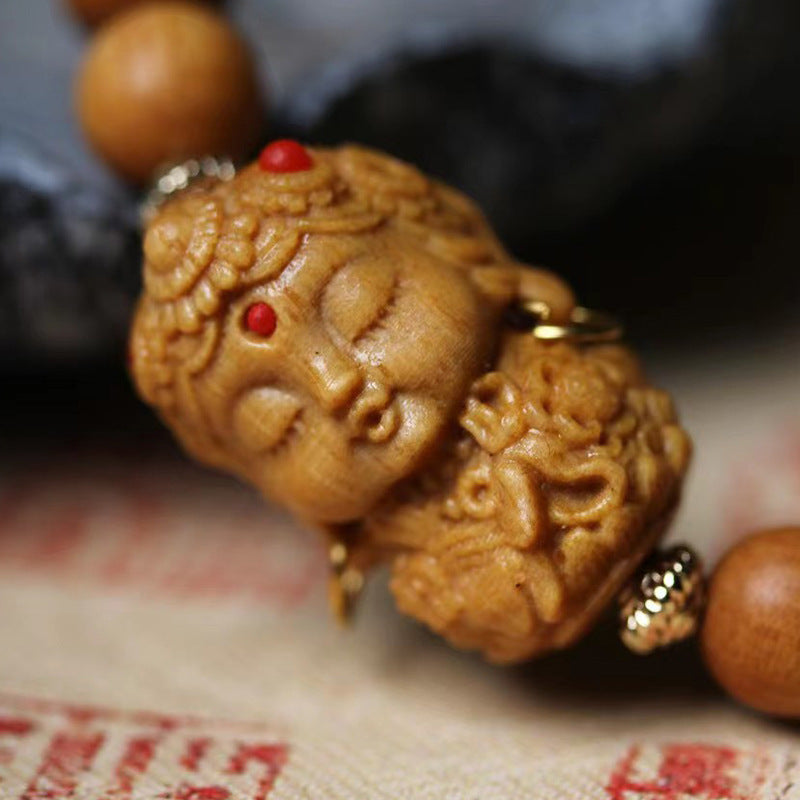 New Chinese Style Hand Carved Guanyin Sandalwood Bracelet | Natural Barbie Sandalwood Vintage Unisex Wooden Worry Bead Jewelry