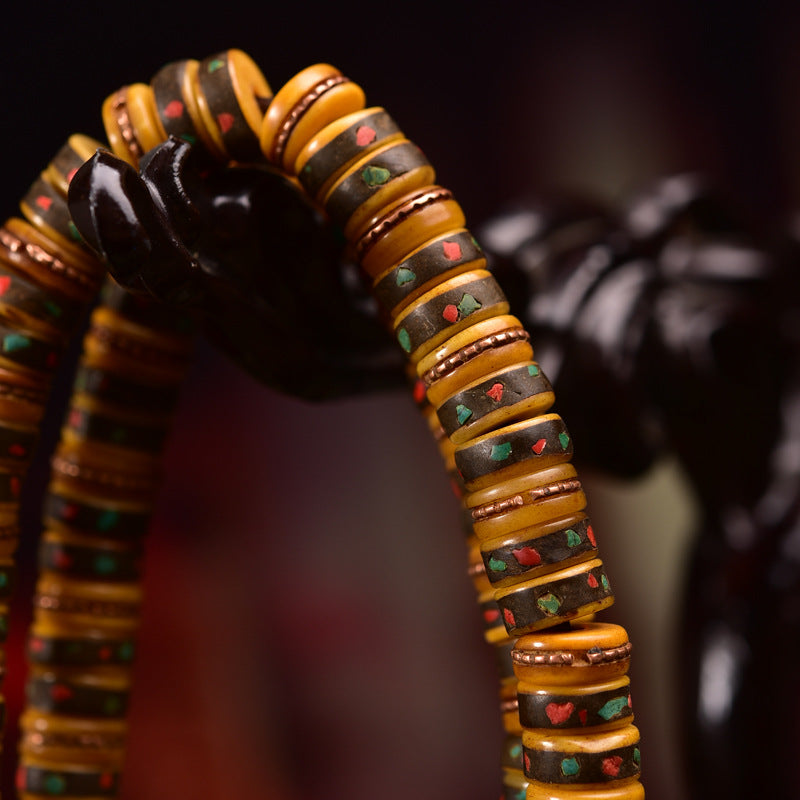 Vintage Oriental Inlaid Gem Yak Bone 108 Mala Disc Beads Bracelet | Antique Multi-Layer Prayer Bead Unisex Ethnic Meditation Necklace