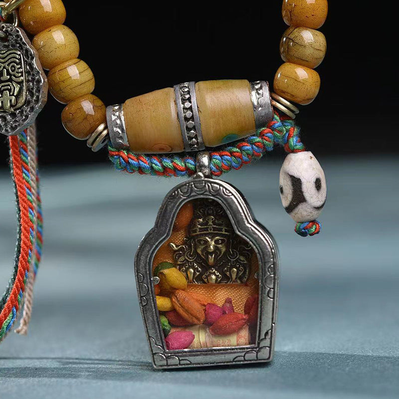 Vintage Oriental Aged Camel Bone 108 Mala Bead Necklace | Multi-Gem Gau Box Pendant Tassel Unisex Ethnic Bracelet