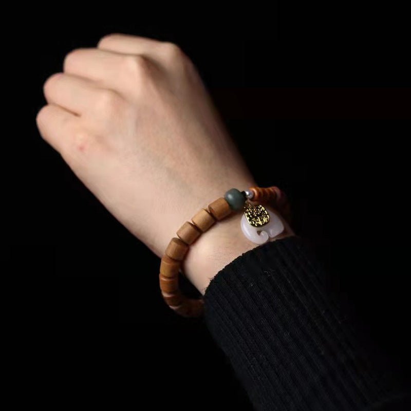 New Chinese Style Barrel Bead Barbie Sandalwood Bracelet | Natural Wood Elephant Charm Vintage Unisex Wrist Jewelry