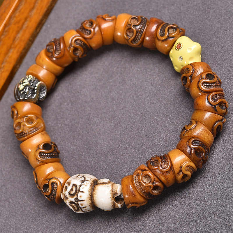 Tibetan Vintage Hand Carved Yak Bone Barrel Bead Bracelet | Multi-Style Natural Stone Unisex Ethnic Worry Bead Jewelry