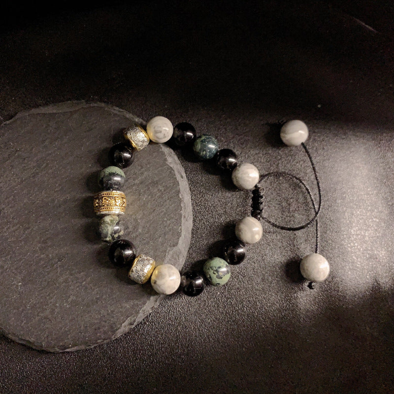New Chinese Style Natural Stone Adjustable Bracelet | Unisex Vintage Hip Hop Beaded Wristband 10mm Kestrel Stone Jewelry