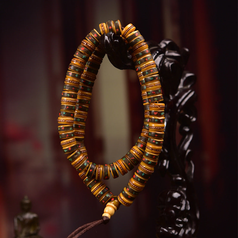 Vintage Oriental Inlaid Gem Yak Bone 108 Mala Disc Beads Bracelet | Antique Multi-Layer Prayer Bead Unisex Ethnic Meditation Necklace
