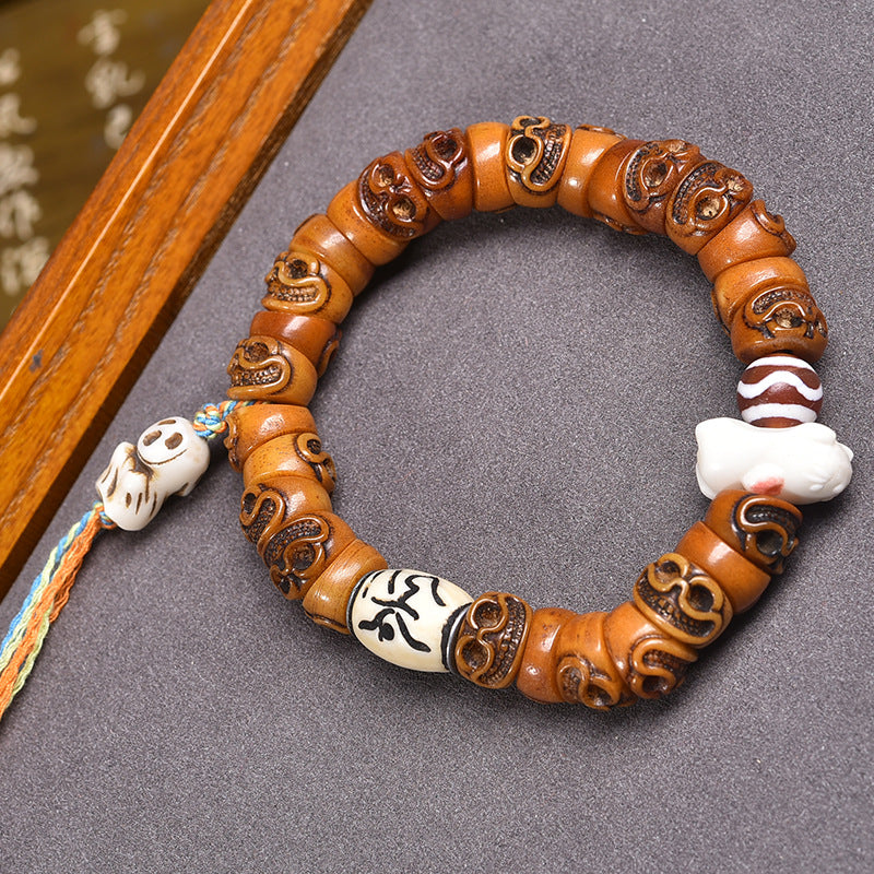 Tibetan Vintage Hand Carved Yak Bone Barrel Bead Bracelet | Multi-Style Natural Stone Unisex Ethnic Worry Bead Jewelry