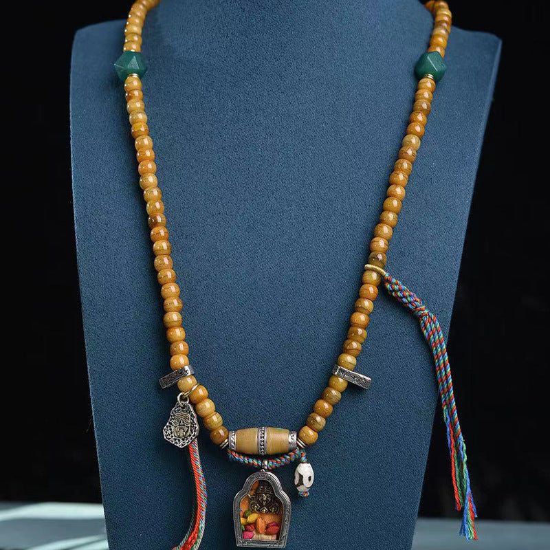 Vintage Oriental Aged Camel Bone 108 Mala Bead Necklace | Multi-Gem Gau Box Pendant Tassel Unisex Ethnic Bracelet